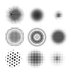 Halftone circles, halftone dot pattern texture set on white background