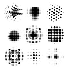 Halftone circles, halftone dot pattern texture set on white background