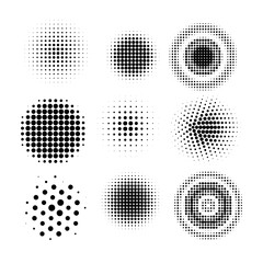 Halftone circles, halftone dot pattern texture set on white background