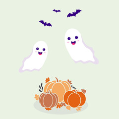 Halloween pumpkin with bats and cute smiling ghosts. Illustration can be used like postcard, sticker, typographic print.
