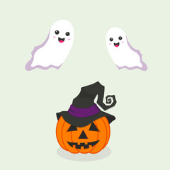 Obraz premium Halloween pumpkin in witch's hat and cute smiling ghosts. Illustration can be used like postcard, sticker, typographic print.