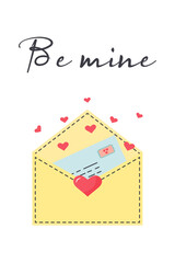 Yellow envelope with a love letter and hearts flying out of the envelope. Love message. Be mine quote. Greeting card or poster. Love and valentine's day concept.
