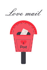 Love mailbox with letter and heart lock. Love mail quote. Greeting card or poster. Love and valentine's day concept.