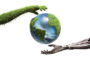 Hi Tech Mechanical Robot and Nature covered with flowers and grass two arms hovering Earth Globe as Save Water Green Technology conceptual design