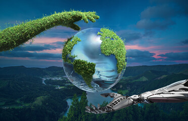 Hi Tech Mechanical Robot and Nature covered with flowers and grass two arms hovering Earth Globe as Save Water Green Technology conceptual design - 527513379