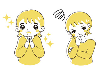 ときめきの表情と困っている表情の女性　イラストセット
