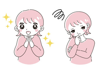 ときめきの表情と困っている表情の女性　イラストセット