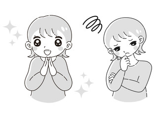 ときめきの表情と困っている表情の女性　イラストセット