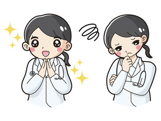 ときめきの表情と困っている表情の女性医師　イラストセット