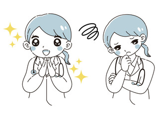 ときめきの表情と困っている表情の女性医師　イラストセット