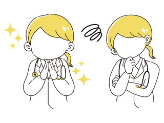 ときめきの表情と困っている表情の女性医師　イラストセット