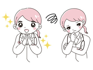 ときめきの表情と困っている表情の女性医師　イラストセット