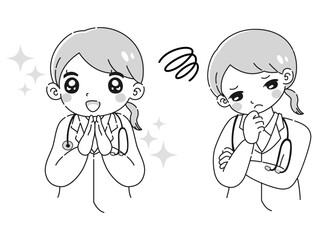 ときめきの表情と困っている表情の女性医師　イラストセット