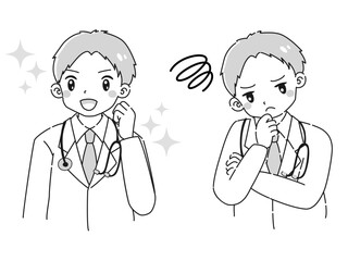 ときめきの表情と困っている表情の白衣を着た男性　イラストセット