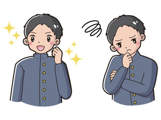ときめきの表情と困っている表情の学ランを着た男の子　イラストセット