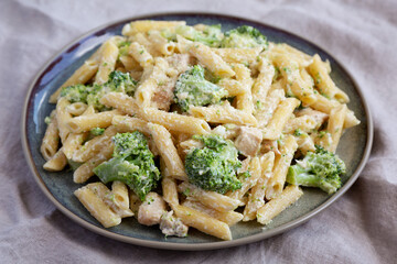 Homemade Penne Alfredo Pasta with Chicken and Broccoli on a Plate, side view. Close-up.