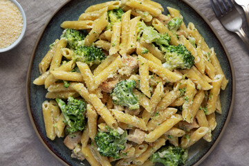 Homemade Penne Alfredo Pasta with Chicken and Broccoli on a Plate, top view. Flat lay, overhead, from above.