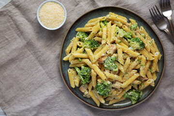 Homemade Penne Alfredo Pasta with Chicken and Broccoli on a Plate, top view. Flat lay, overhead,...