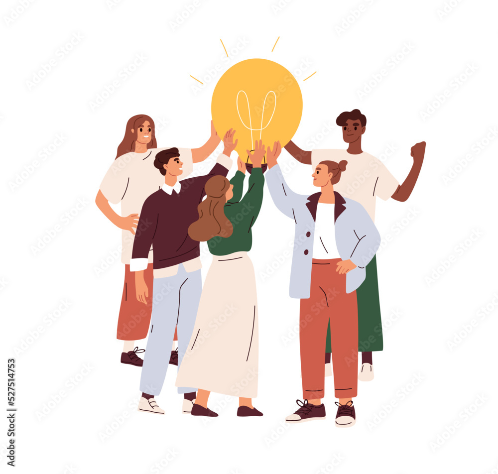 Poster creative business team and lightbulb. work under brilliant idea, brainstorming, finding solution con