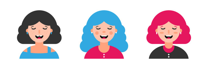 Set, collection of icons with smiling happy girls, women. Female avatars, portraits, profile pictures. Modern young female representation.

