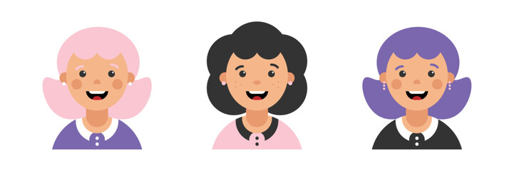 Set, collection of icons with smiling cheerful women, ladies. Female avatars, portraits, profile pictures. Modern female representation.
