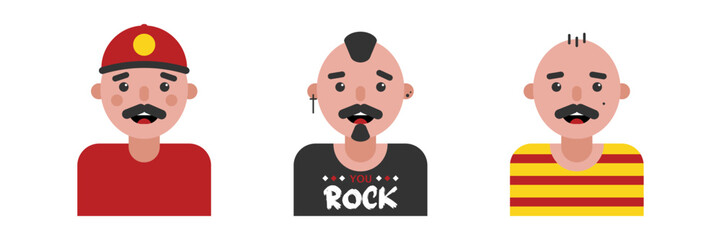 Set, collection of icons with young and adult men. Male work and lifestyle avatars, portraits, profile pictures. Modern male representation.
