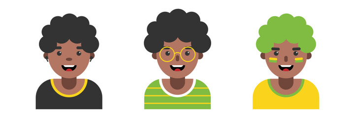 Set, collection of icons with smiling young men, boys, teenagers. Young male avatars, portraits, profile pictures for hobby and lifestyle design. Modern male representation.
