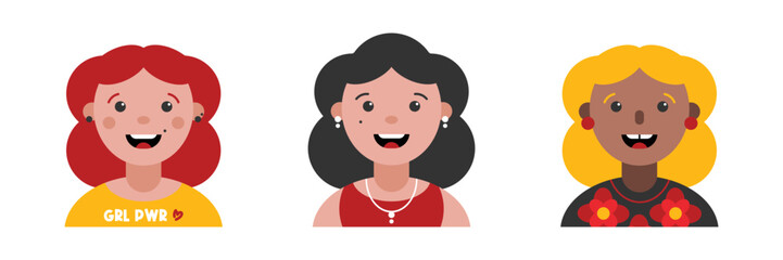 Set, collection of icons with happy girls, young women. Female hobby and lifestyle avatars, portraits, profile pictures. Modern female representation.