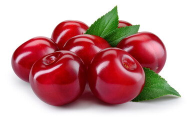 Cherry. Cherry with leaves on white background. Cherries with clipping path. Cherri full depth of...
