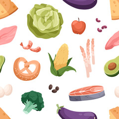 Healthy food pattern. Seamless background with groceries. Repeating print with different vegetables, fruits, meat, cheese and fish. Vitamin nutritions texture design. Flat cartoon vector illustration