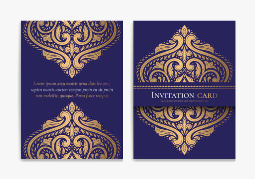 Blue and gold luxury invitation card design with vector ornament pattern.  Vintage template. Can be used for background and wallpaper. Elegant and  classic vector elements great for decoration. Stock Vector | Adobe
