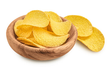 Potato chips in wooden bowl isolated on white background with full depth of field.