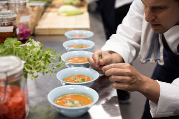 Chef garnishing soup at kitchen counter in restaurant
