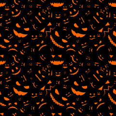 Seamless black background for packaging products for halloween. Orange icons with faces of pumpkins, ghosts. Wallpaper. Vector