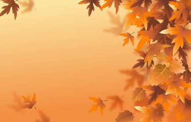 orange autumn background with leaves located at the right edge vector