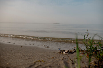 Sand beach, evening lake. Defocus