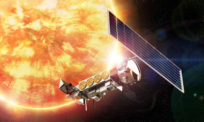 Stellar exploration. Gamma ray eruption. Solar probe for the study of solar storms and sunspots. 3D illustration. - obrazy, fototapety, plakaty