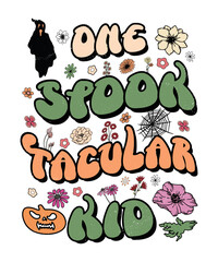 Groovy style Halloween typography t-shirt design, vintage typography t-shirt design, retro Halloween t-shirt design, groovy t-shirt design.
