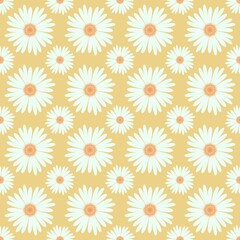 White chamomile daisy flower blossom illustration seamless pattern, flora drawing design on yellow background for fashion clothing textiles printing, wallpaper and paper wrapping