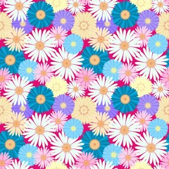 Fototapeta na wymiar Colorful chamomile daisy flower blossom illustration seamless pattern, flora drawing design on pink background for fashion clothing textiles printing, wallpaper and paper wrapping