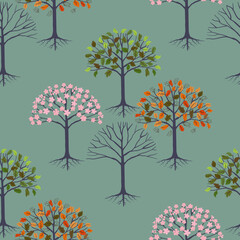 Vector seamless pattern with four seasonal trees, graphic drawing of Spring Summer Autumn Winter on green background, element for fabric clothing fashion design, textile printed, wallpaper wrapping