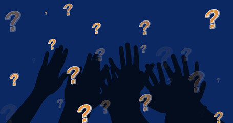 Image of question marks over hands on blue background
