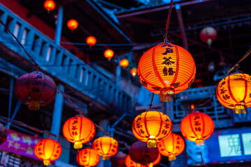 Fototapeta Red lantern hanging up at Jiufen old street of taiwan obraz