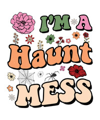 Groovy style Halloween typography t-shirt design, vintage typography t-shirt design, retro Halloween t-shirt design, groovy t-shirt design.