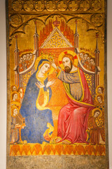 Coronation of the Virgin, year 1373, Joan Daurer, tempera and gilt on wood, Santa Maria la Mayor de Inca, Palau Episcopal, XIII century, Majorca, Balearic Islands, Spain
