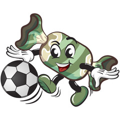 candy character mascot illustration vector playing soccer
