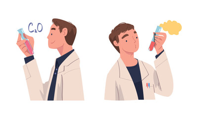 Man Scientist Character in White Coat Examining Something in Glass Flask Vector Set