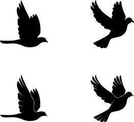 Flock of 4 birds pigeon flying in straight line vector illustration silhouette drawing
