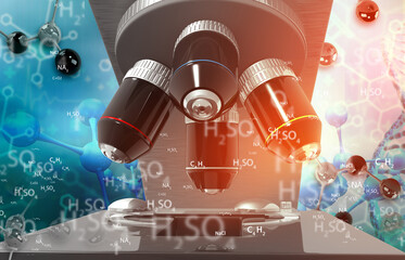 Microscope in biochemistry background. 3d illustration.