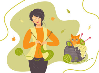 Woman knit. Knitting clothes. A sweet lady knits warm things for the winter. Cozy autumn atmosphere with elegant woman and funny cat in a basket vector illustration in cartoon flat style.